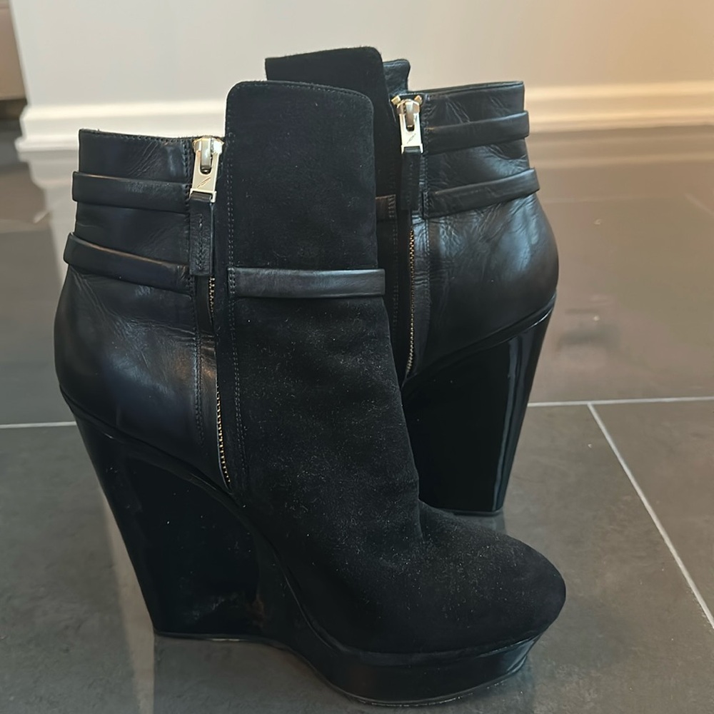 Brian Atwood, black suede and patent leather booties with gold hardware